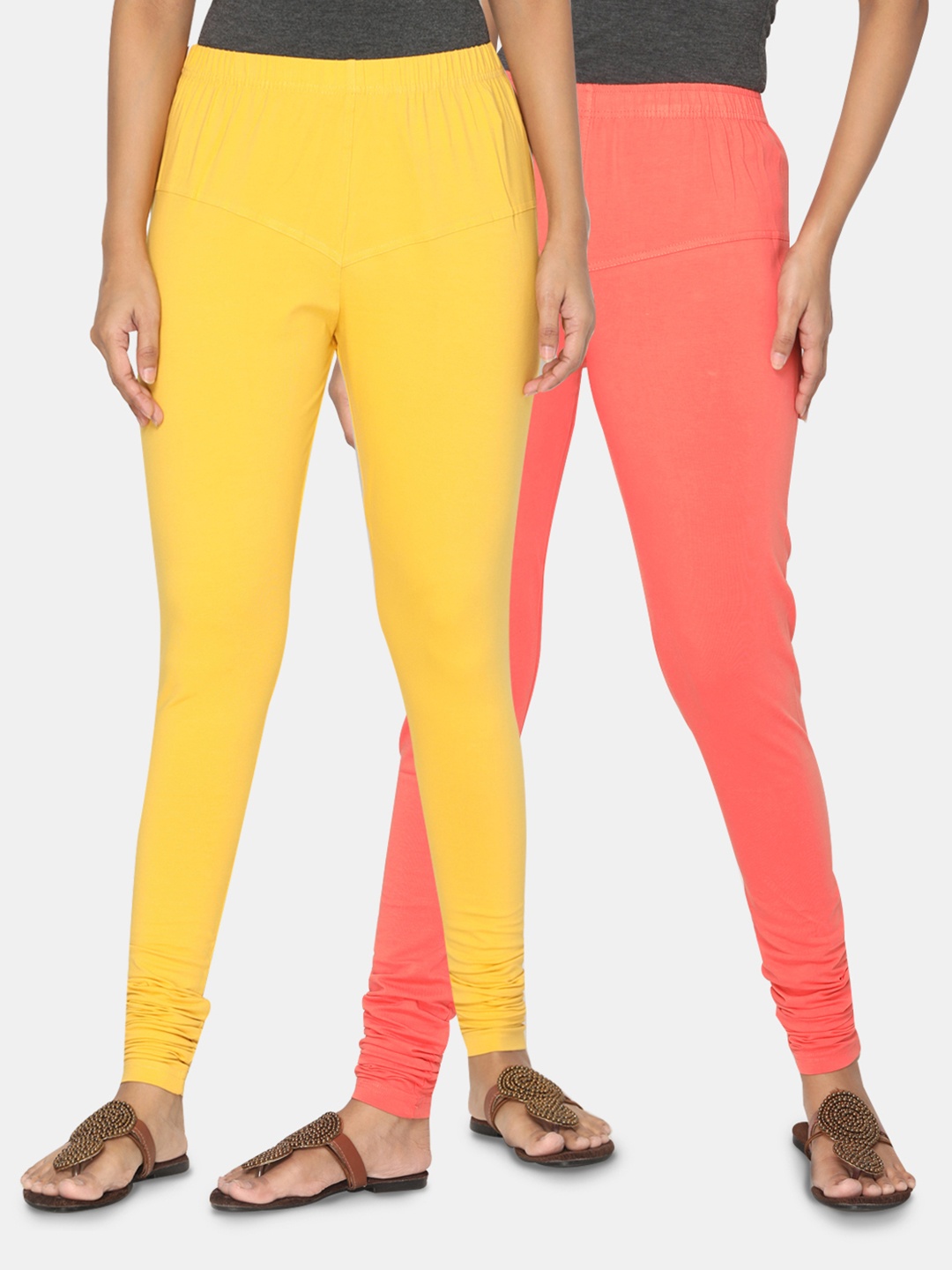 

TSG Bliss Women Pack of 2 Solid Churidar Leggings, Yellow