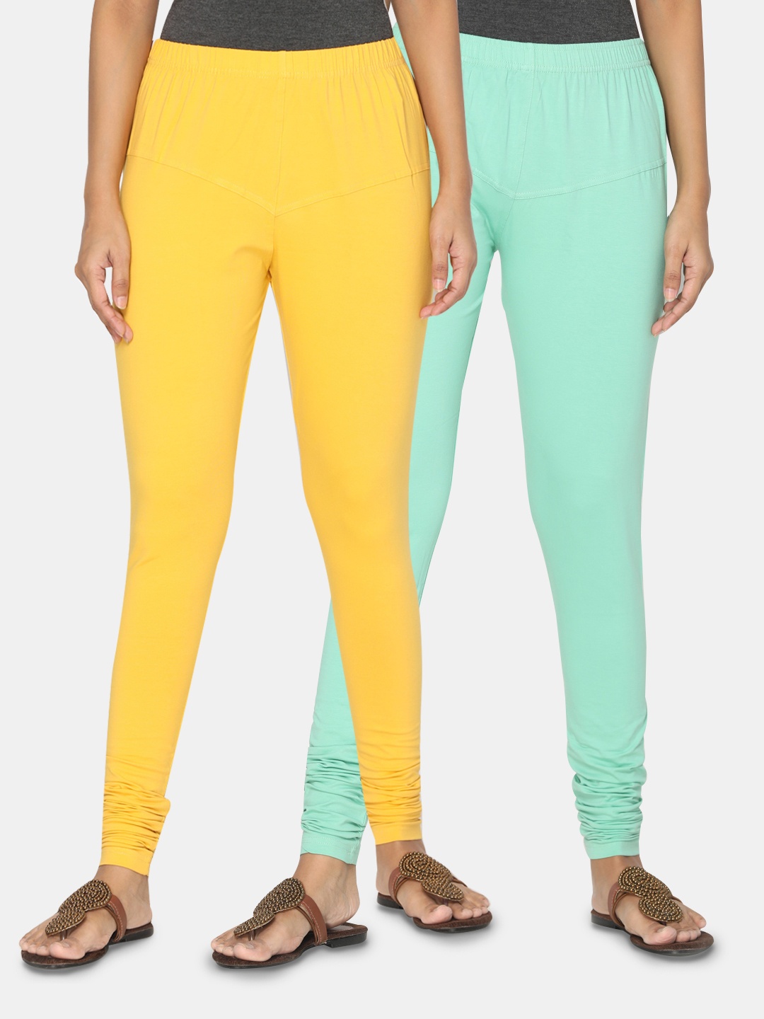 

TSG Bliss Women Pack of 2 Solid Churidar Leggings, Yellow