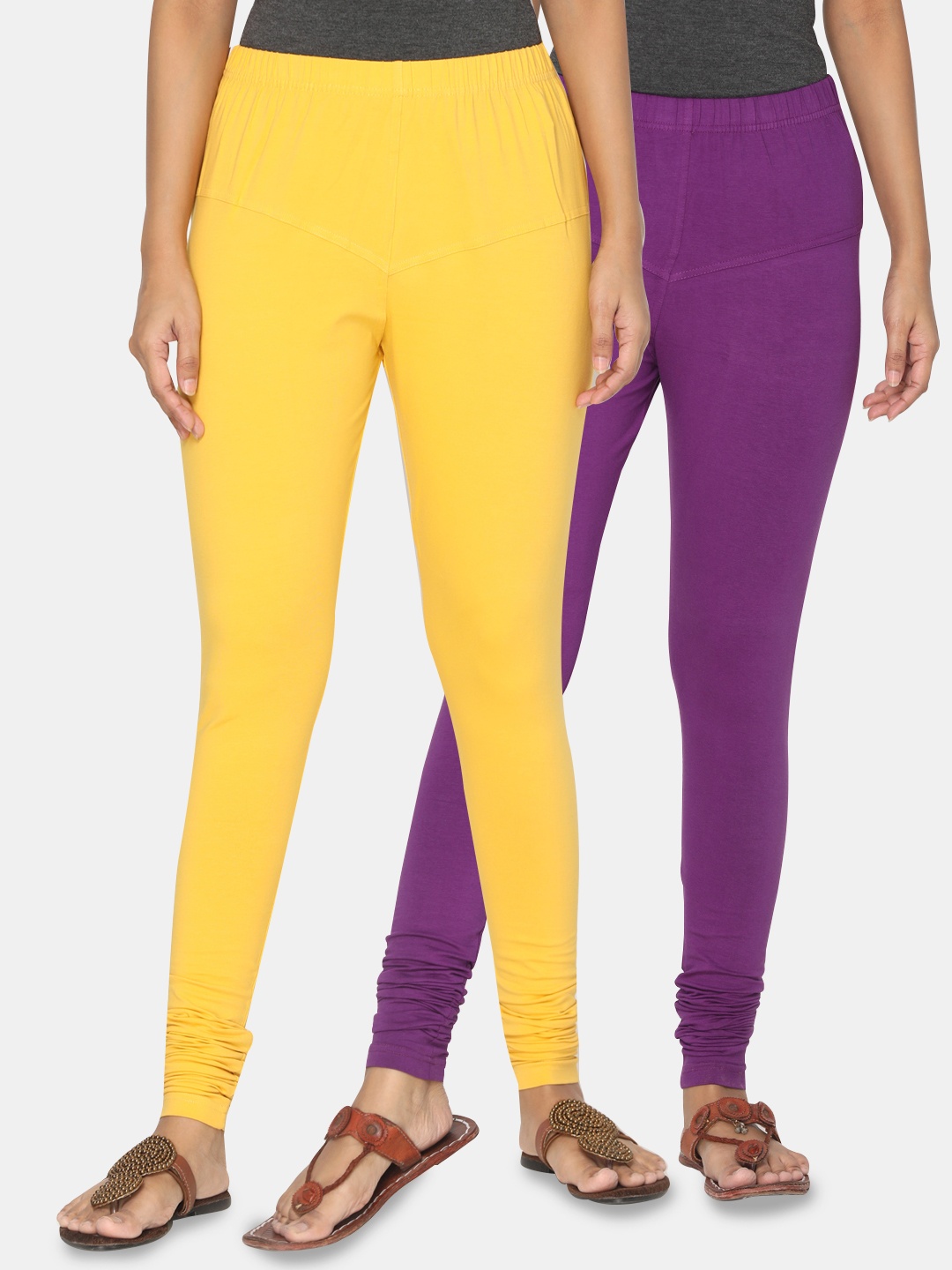 

TSG Bliss Women Pack of 2 Solid Churidar Leggings, Yellow
