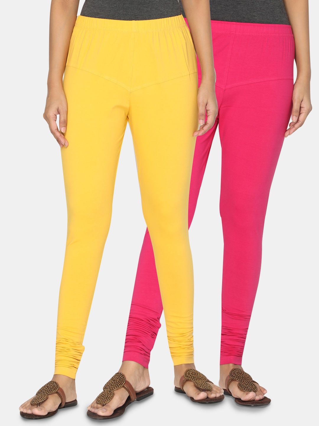 TSG Bliss Women Pack of 2 Solid Churidar Leggings, Yellow