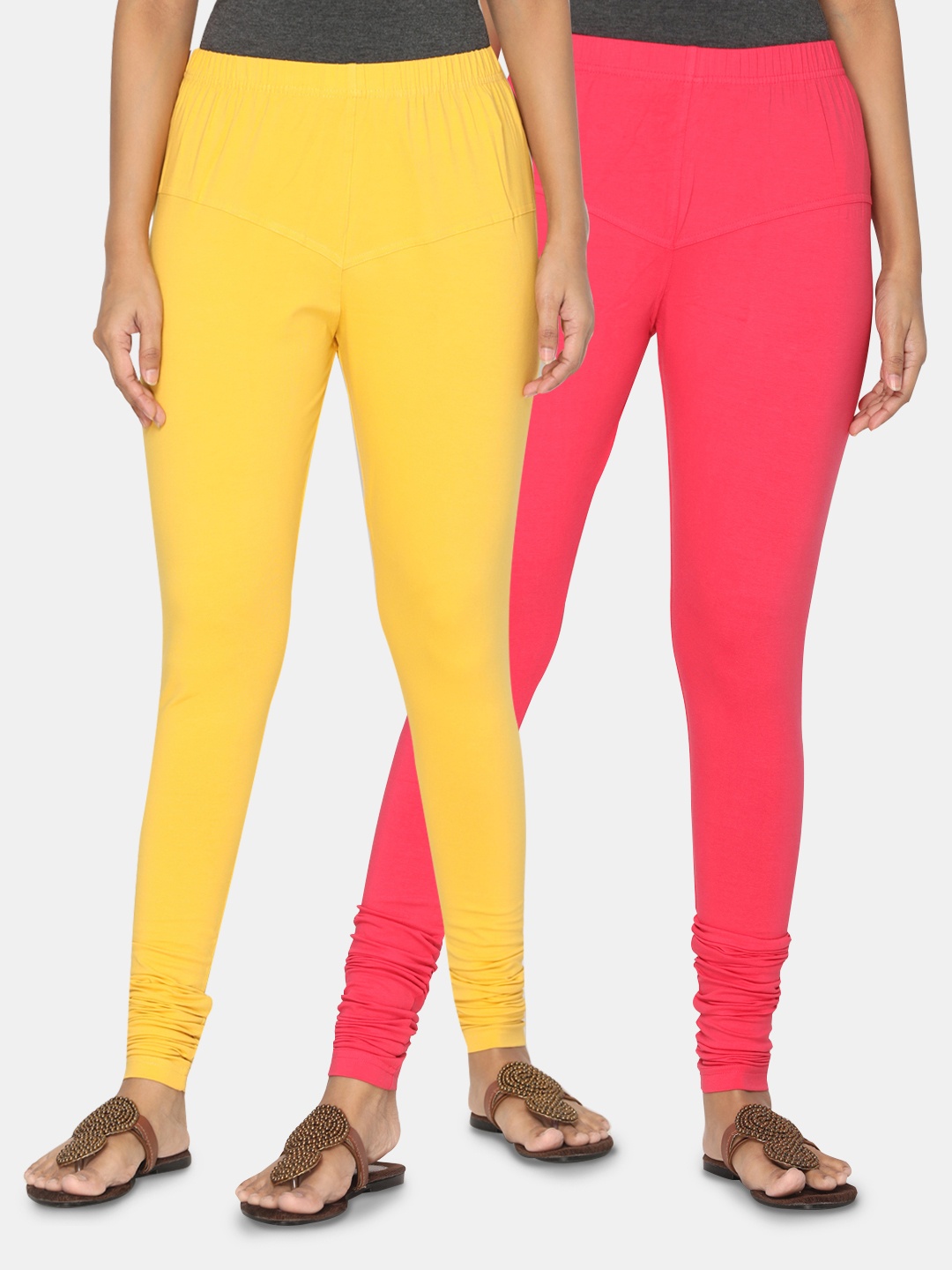

TSG Bliss Women Pack of 2 Solid Churidar Leggings, Yellow