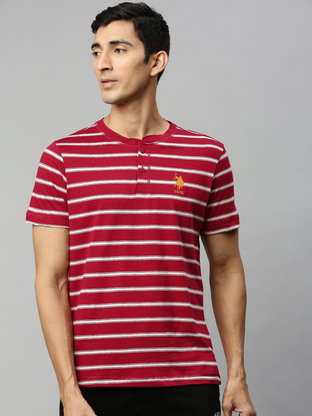 

U.S. Polo Assn. Men Red & Cream-Coloured Striped Lounge T-shirt