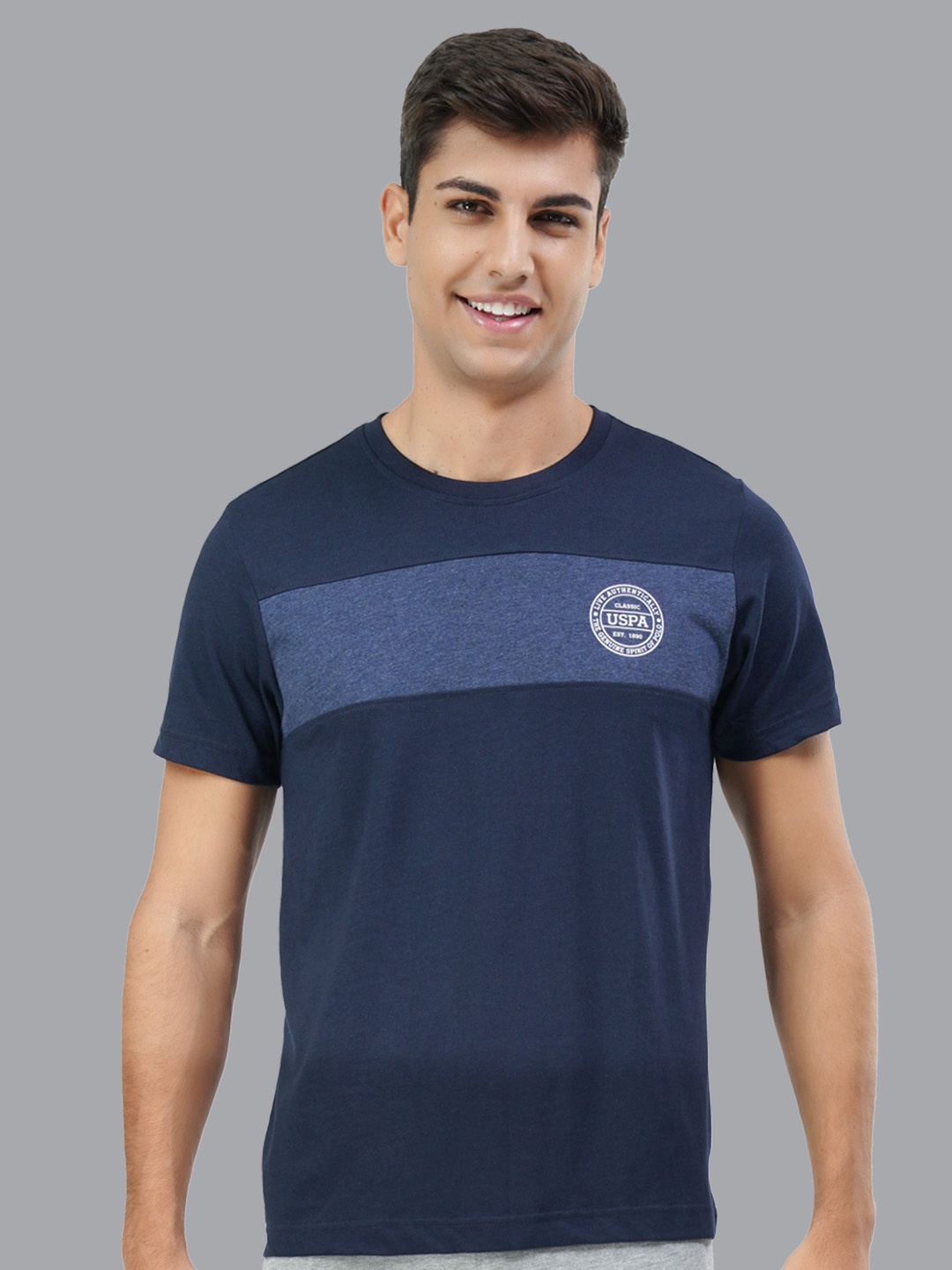 

U.S. POLO ASSN. Men Colourblocked Brand Logo Printed Lounge T-shirt, Navy blue