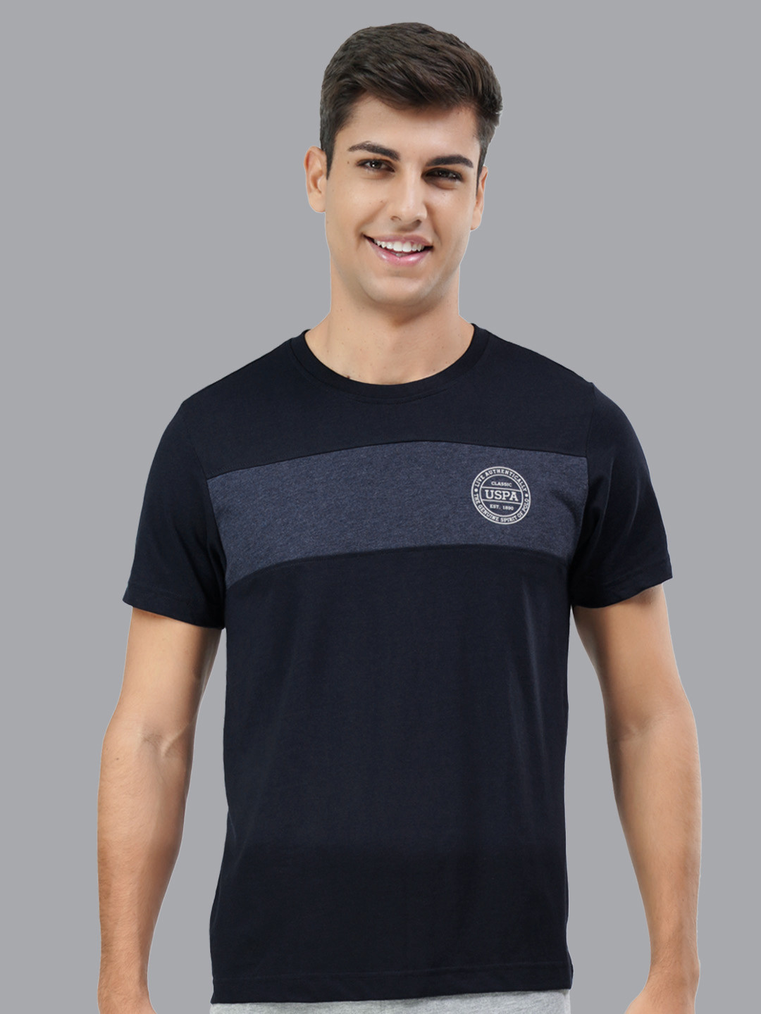 U.S. POLO ASSN. MEN NAVY BLUE COLOURBLOCKED BRAND LOGO PRINTED PURE COTTON T-SHIRT
