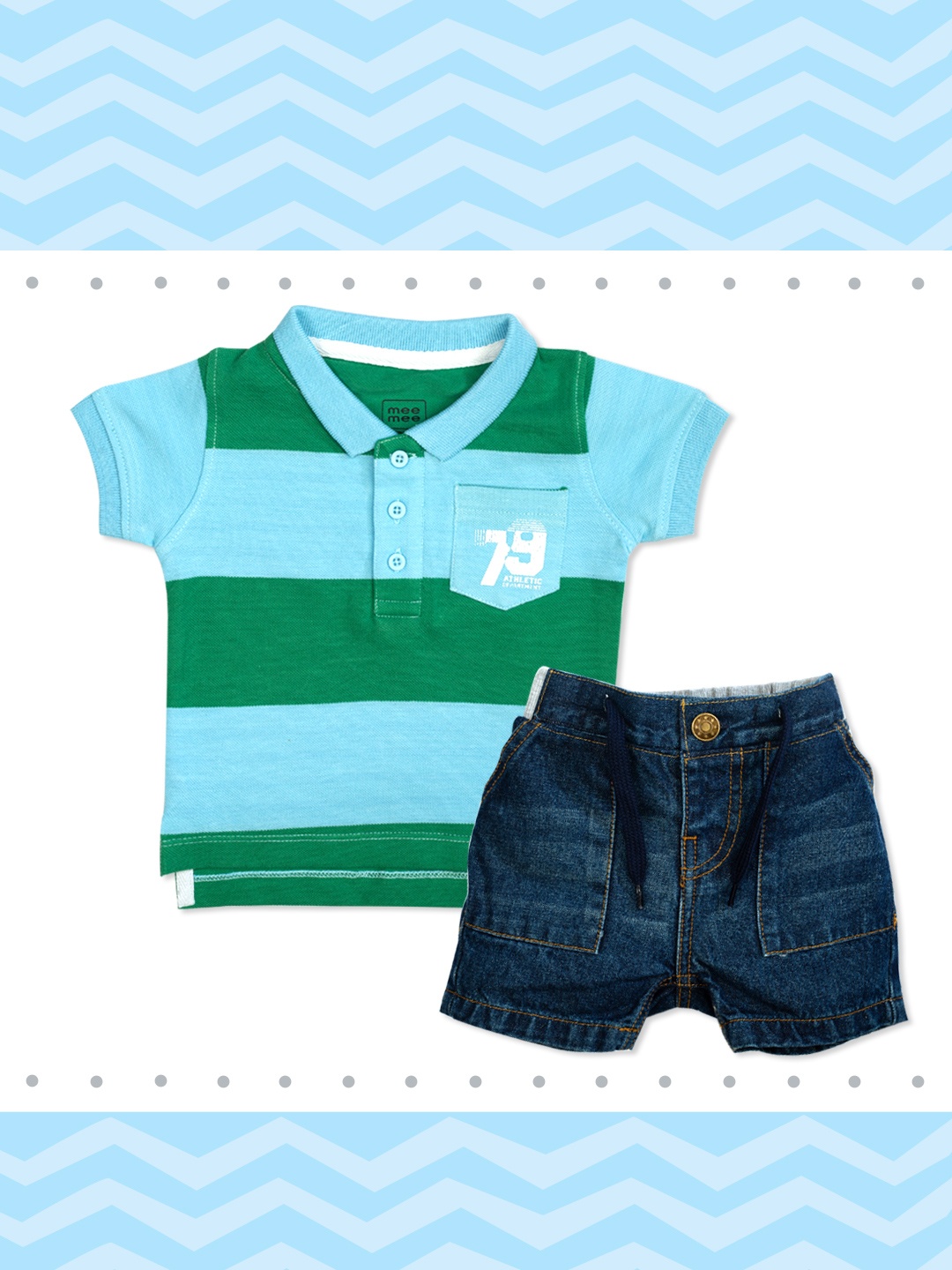 

MeeMee Boys Blue & Green Striped T-shirt with Shorts