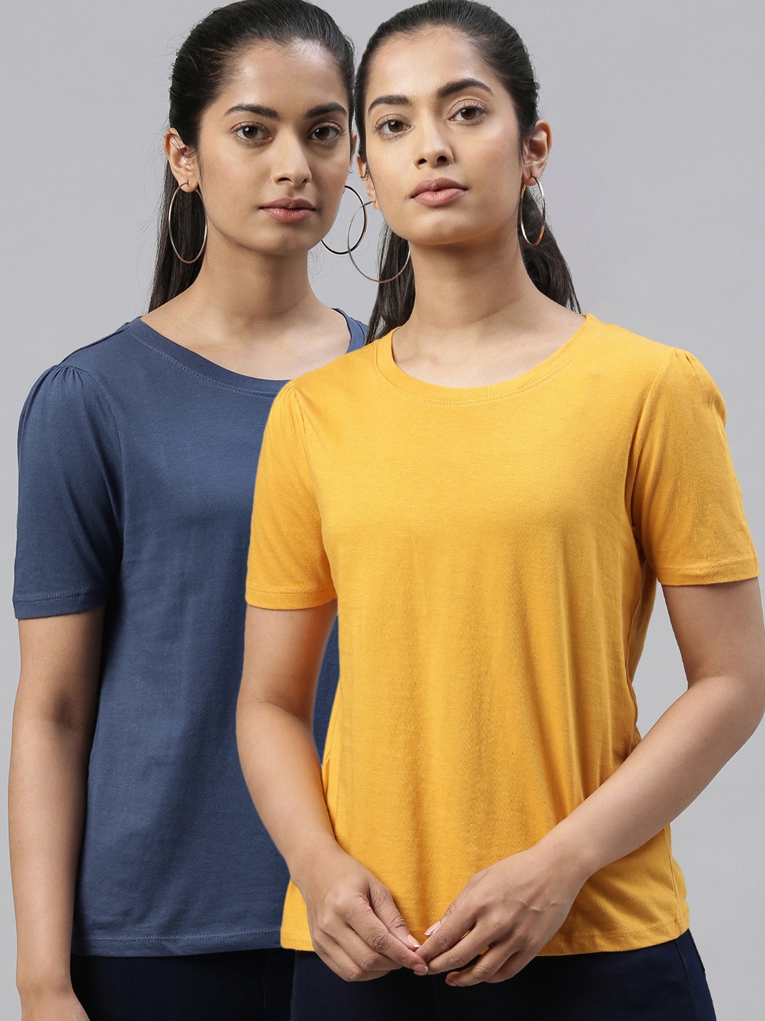 

Kryptic Women Pack of 2 Solid Round Neck Pure Cotton T-shirts, Mustard