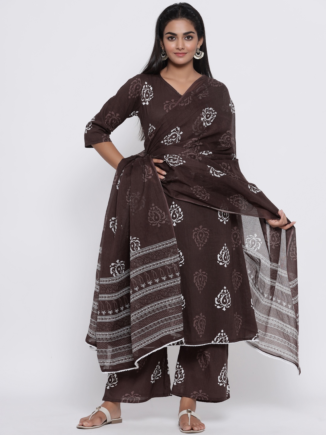 

Fabriko Women Brown Printed Kurta with Palazzos & Dupatta