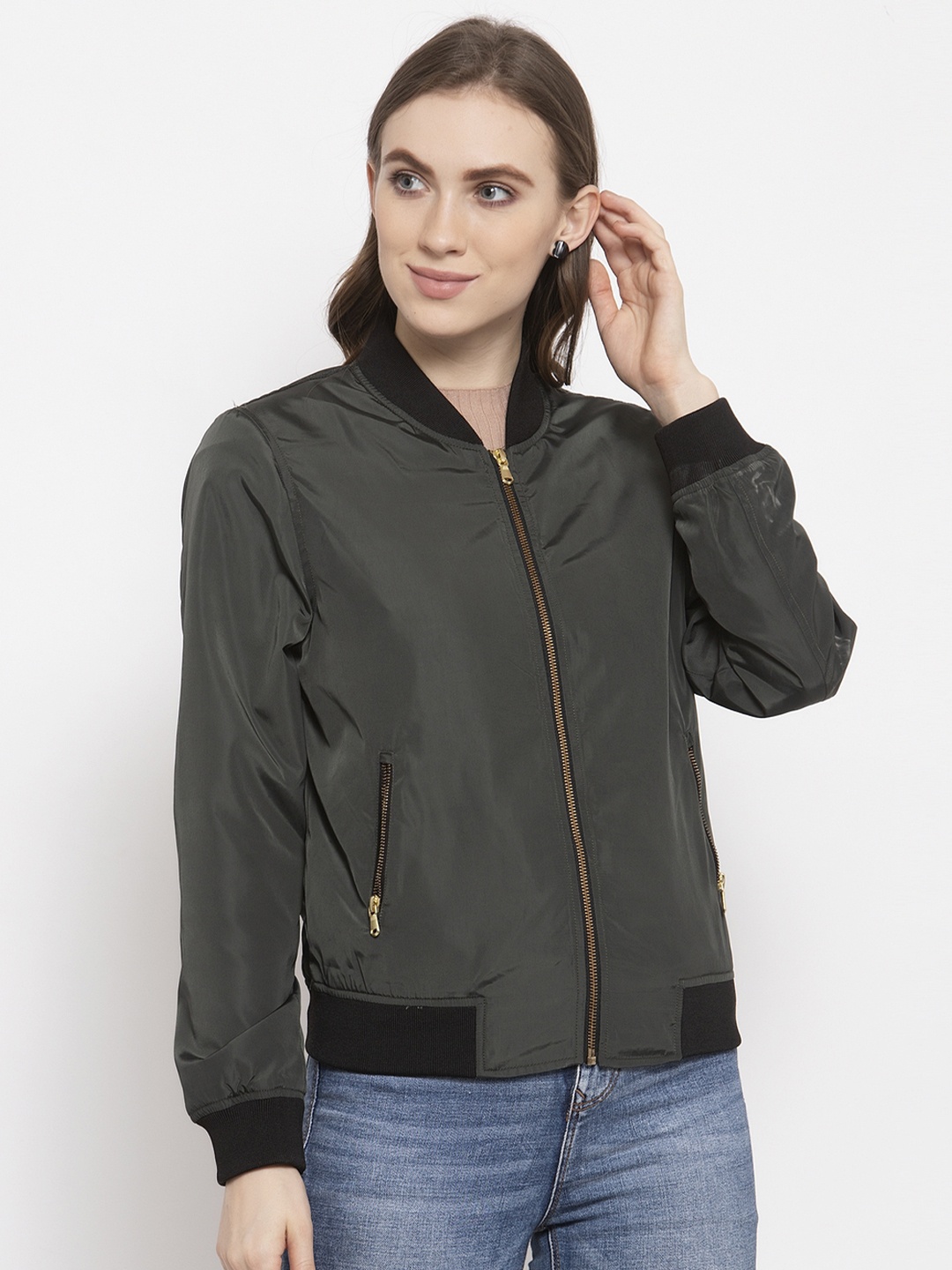 

Gipsy Women Olive Green Solid Bomber