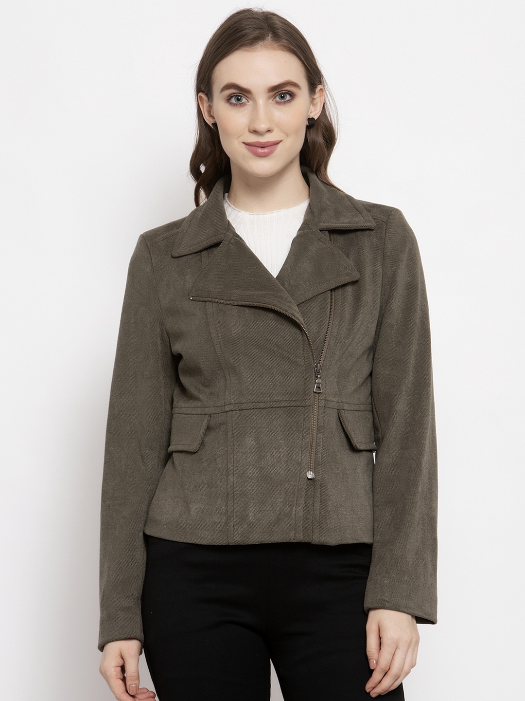 

Gipsy Women Olive Green Solid Biker Jacket