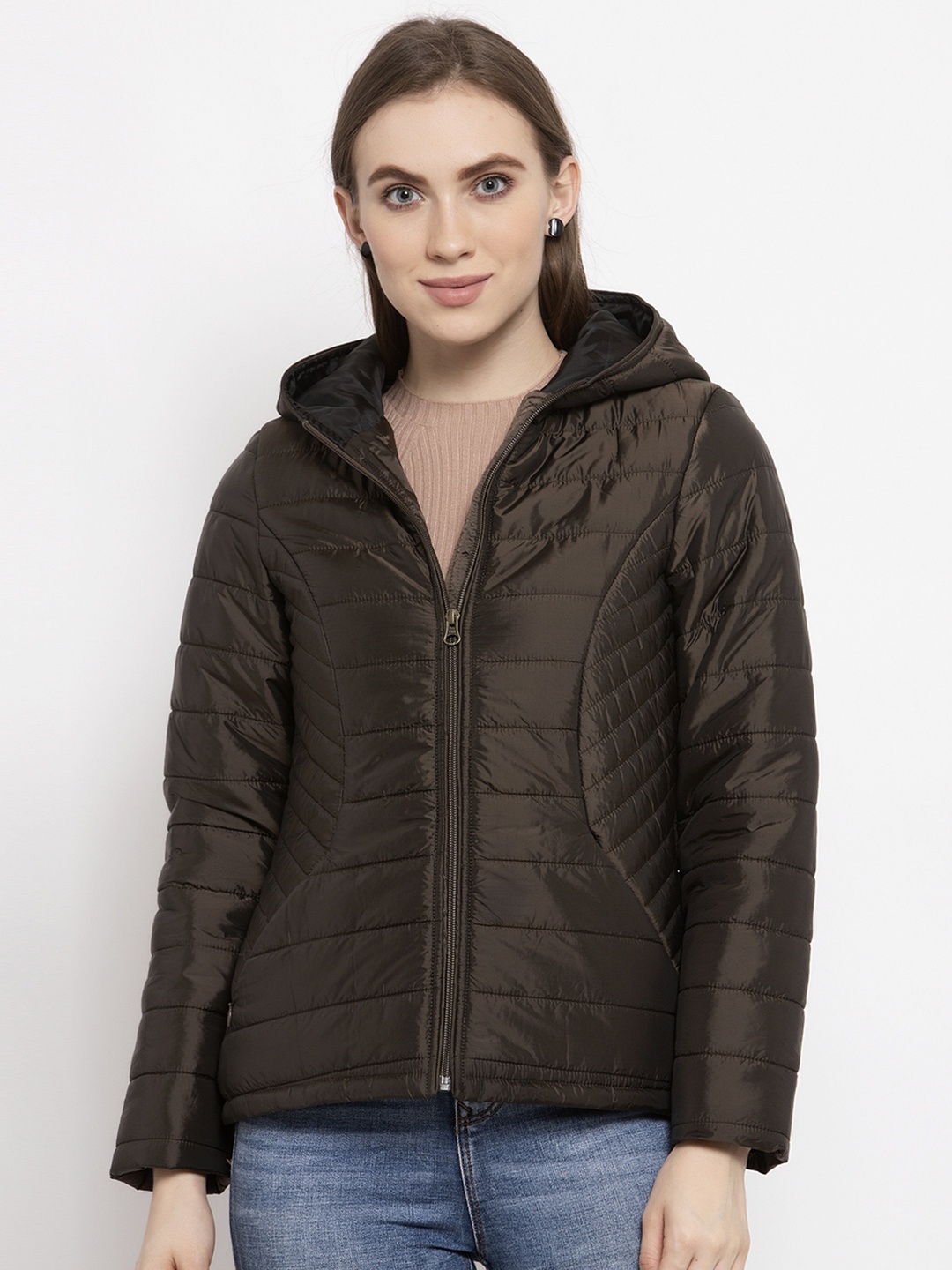 

Gipsy Women Olive Green Self Design Padded Jacket