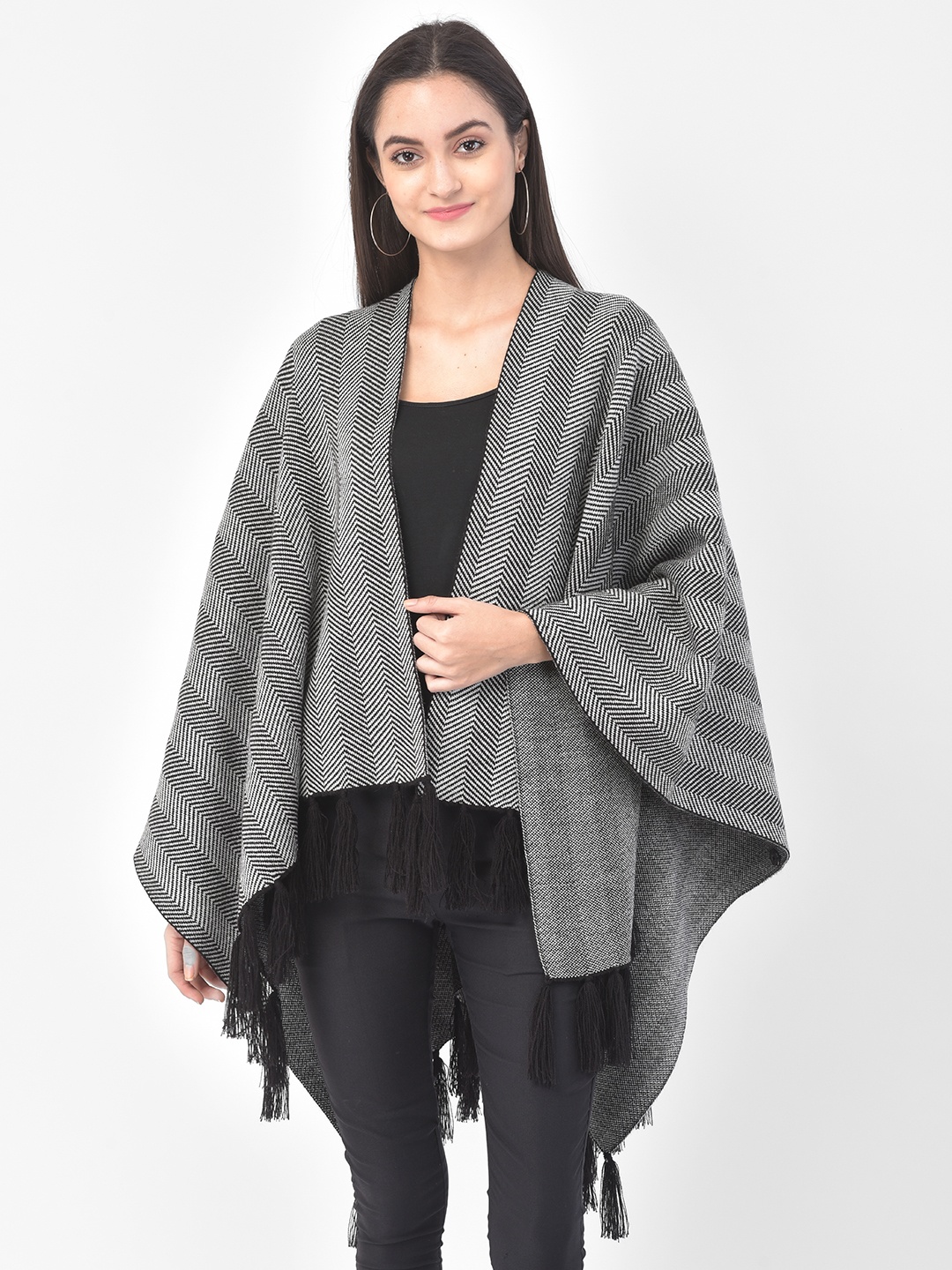 

Latin Quarters Women Black & White Self-Design Waterfall Shrug