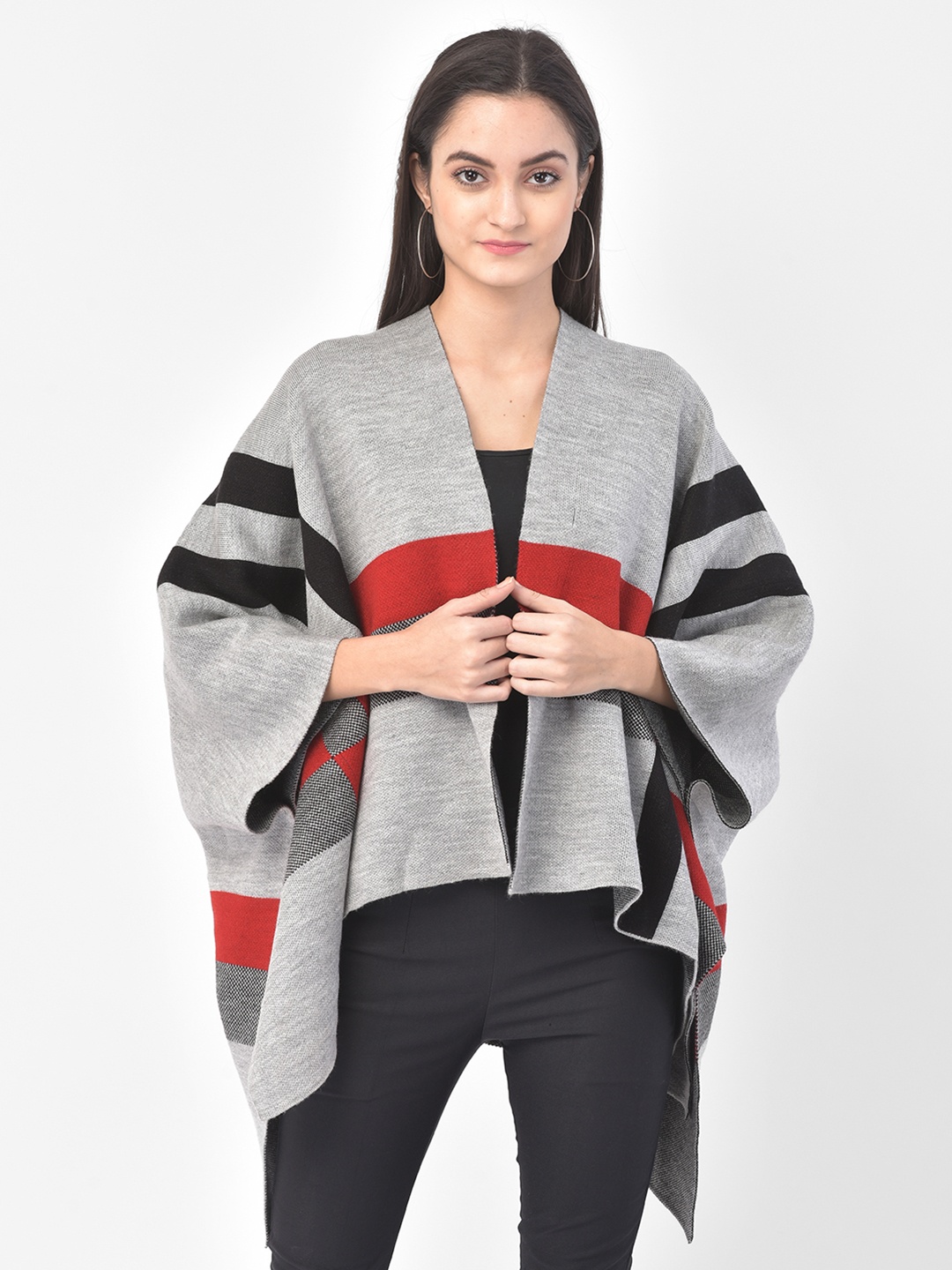 

Latin Quarters Women Acrylic Grey & Red Striped Open Front Shrug