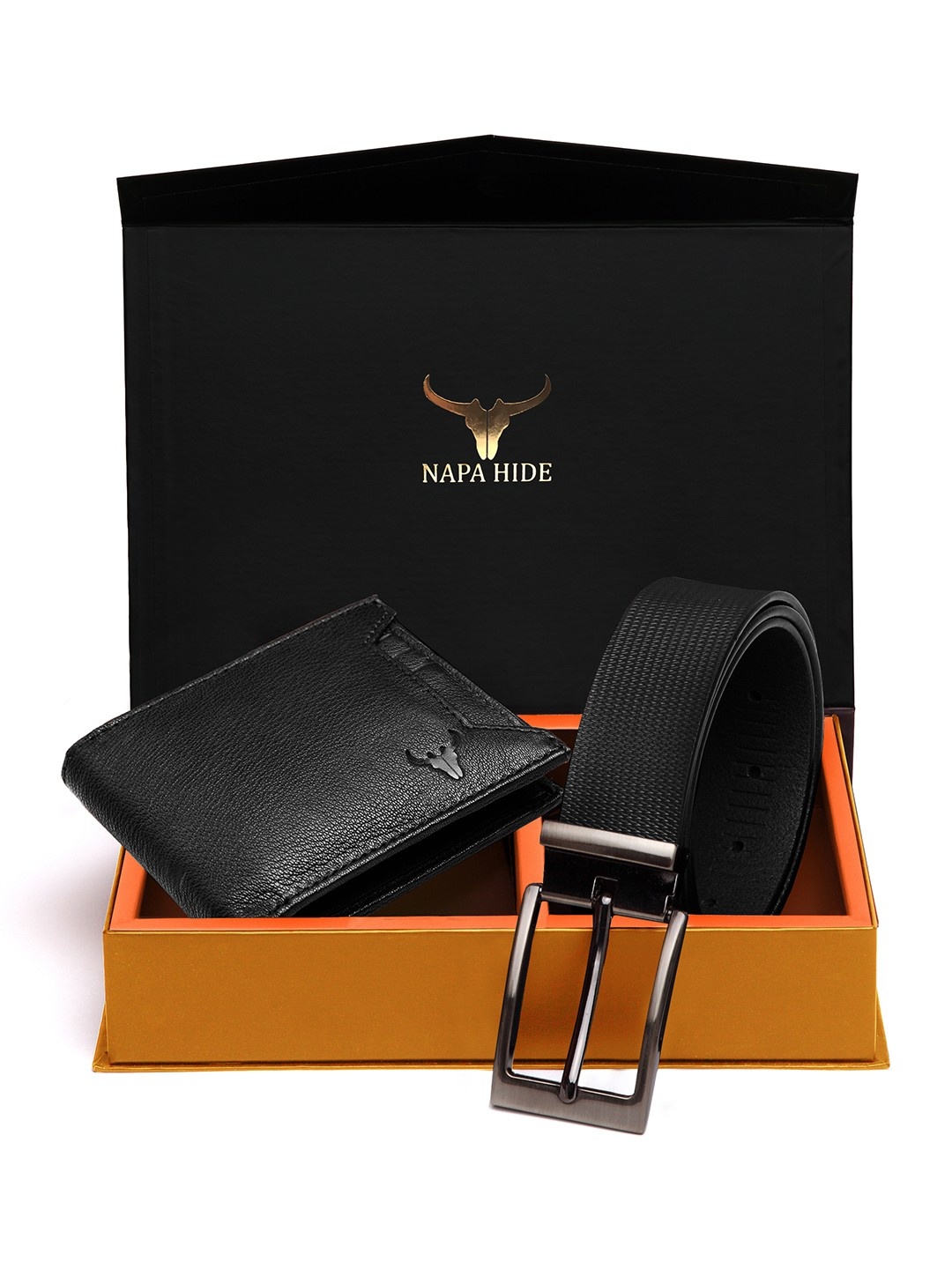 NAPA HIDE Men RFID Protected Genuine High Quality Leather Wallet & Belt Accessory Gift Set, Black