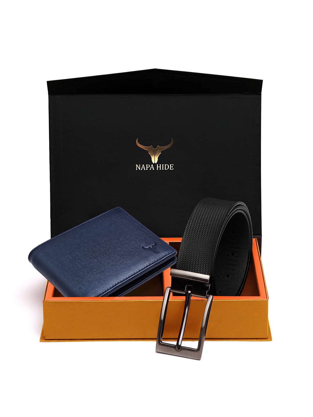 NAPA HIDE Men Blue & Black RFID Protected Genuine Leather Accessory Gift Set