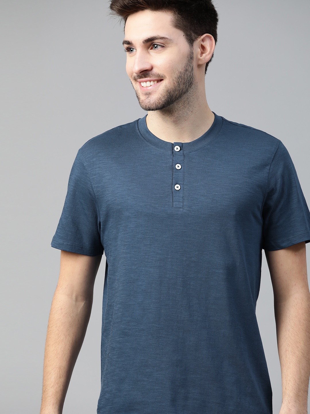 

Mast & Harbour Men Navy Blue Pure Cotton Henley Neck T-shirt
