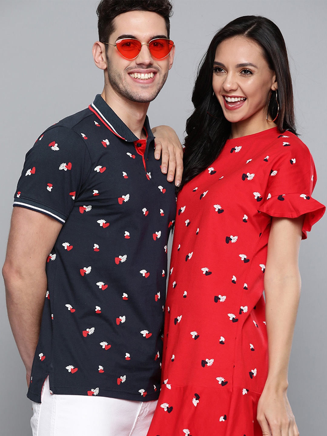

Mast Harbour Men Navy Blue Red Hearts Printed Pure Cotton Polo Pure Cotton T-shirt