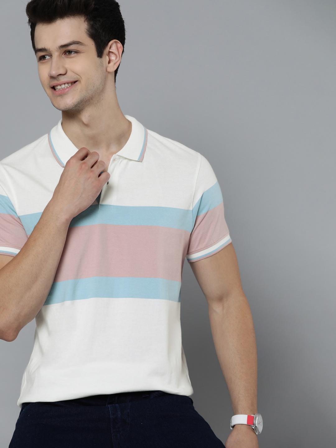 

Mast & Harbour Men White & Pink Striped Polo Collar Pure Cotton T-shirt