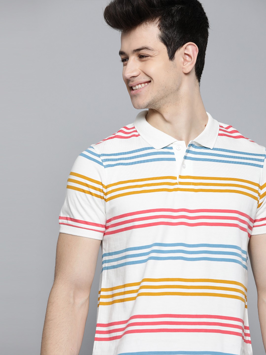

Mast Harbour Men White Red Striped Polo Collar Pure Cotton T-shirt
