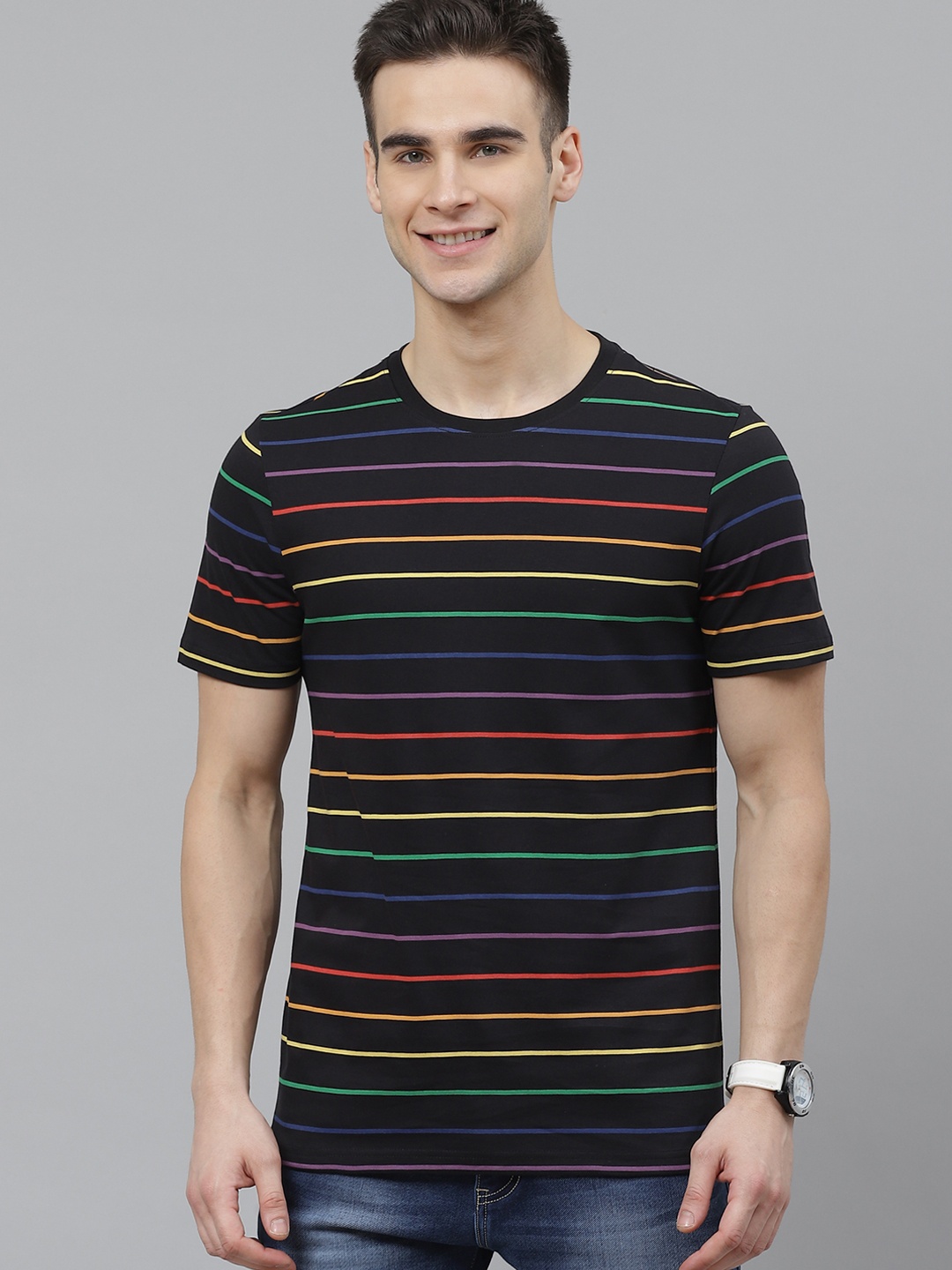 

Mast & Harbour Pride Men Black Handcrafted Cotton Striped Round Neck T-shirt