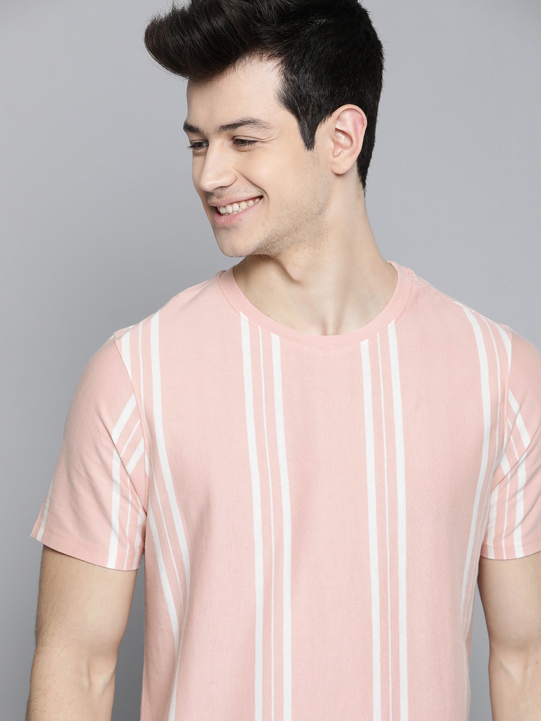 

Mast Harbour Men Peach-Coloured White Striped Round Neck Pure Cotton T-shirt