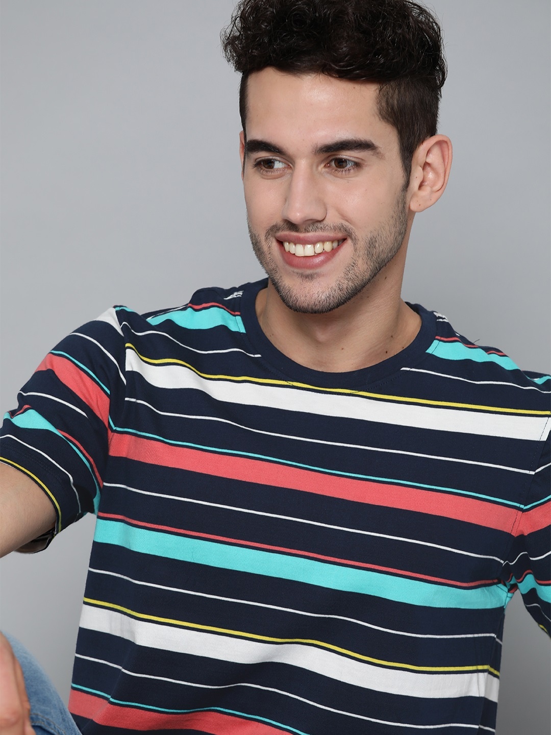 

Mast Harbour Men Navy Blue Pure Cotton Striped Round Neck Pure Cotton T-shirt