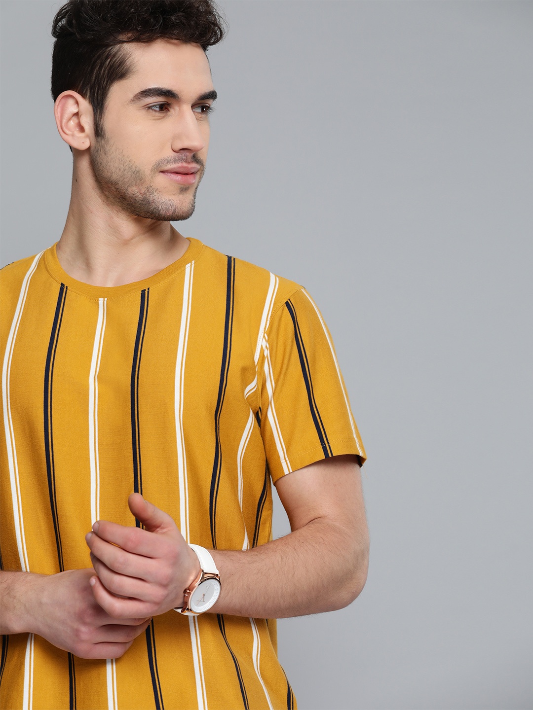 

Mast Harbour Men Mustard Yellow Navy Blue Striped Round Neck Pure Cotton T-shirt