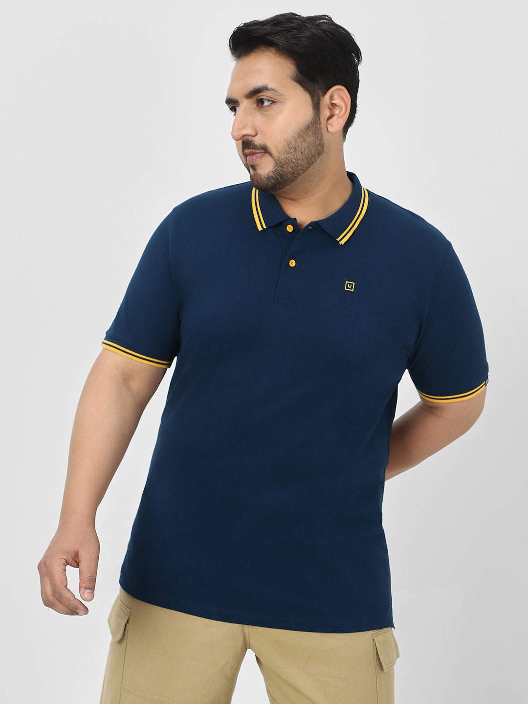 

Urbano Plus Men Navy Blue Solid Polo Collar Pure Cotton T-shirt