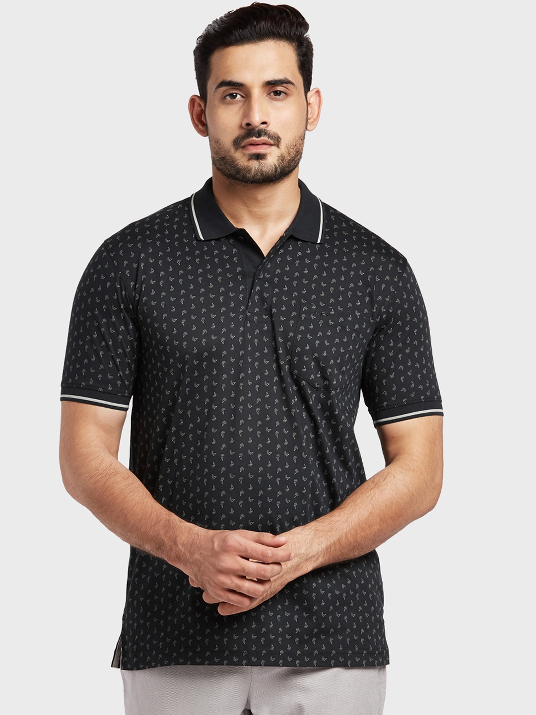 

ColorPlus Men Black Printed Polo Collar Pure Cotton T-shirt
