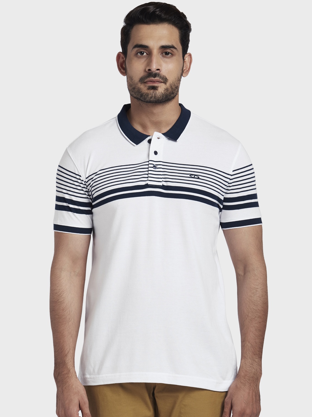 

ColorPlus Men White Striped Polo Collar T-shirt