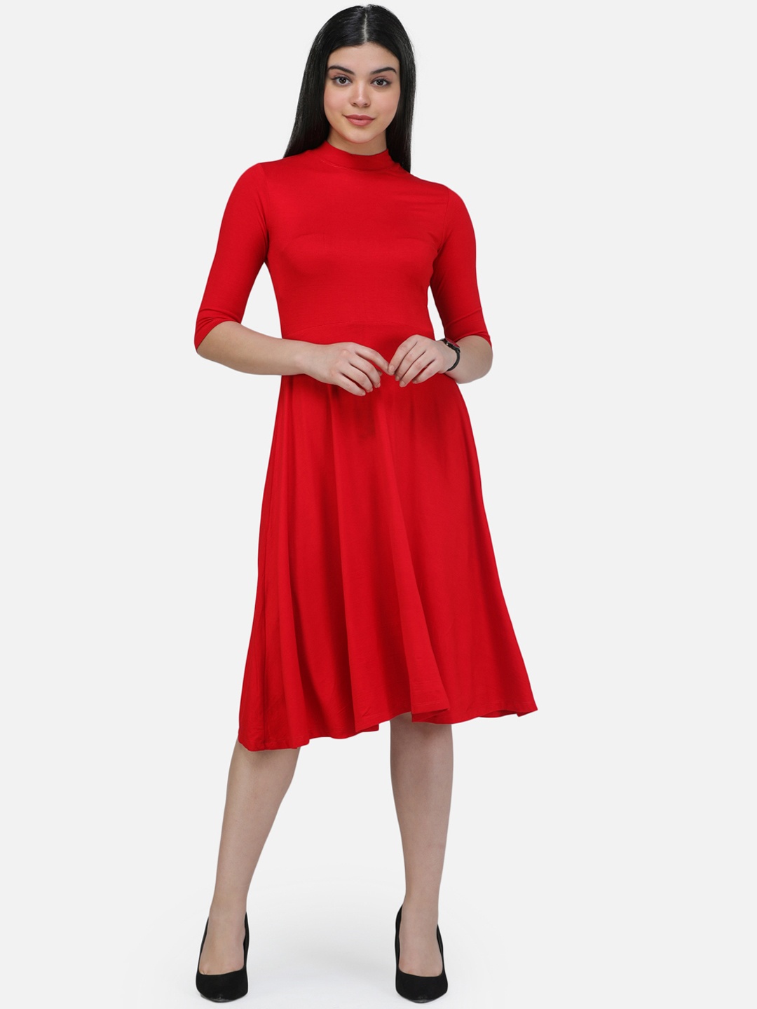 

SCORPIUS Women Red Solid Fit and Flare Dress