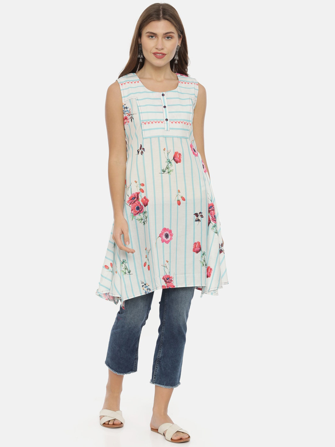 

Neerus Women Cream-Coloured & Blue Striped A-Line Kurta