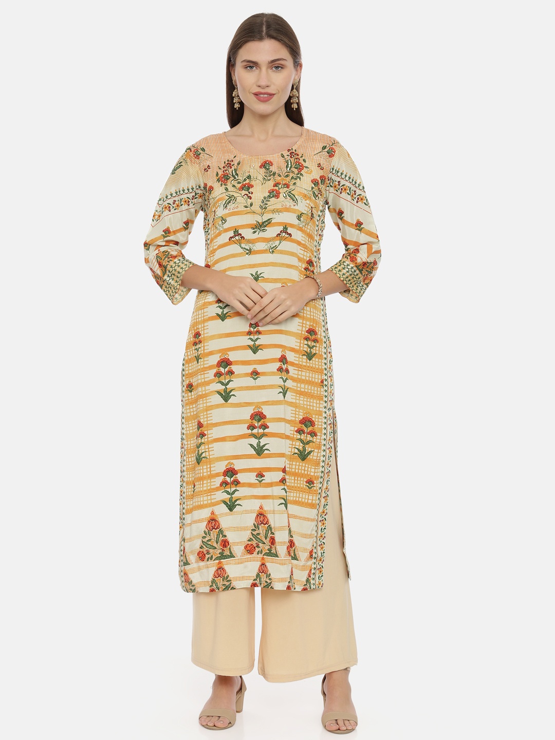 

Neerus Women Orange Printed Straight Kurta