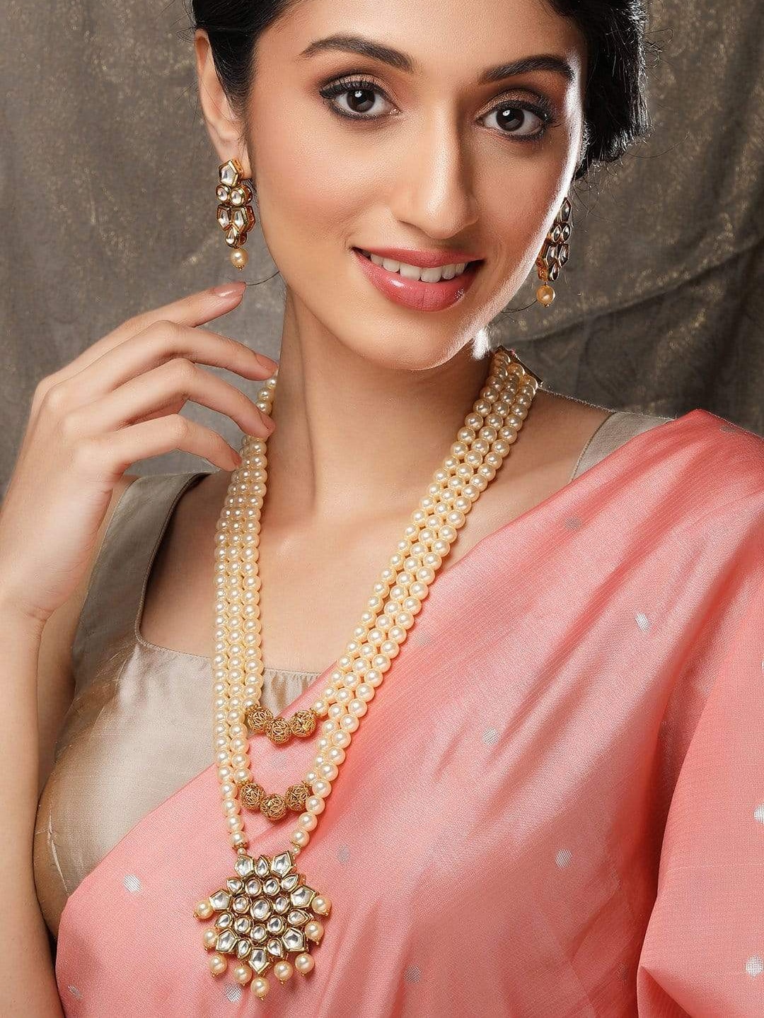 

Rubans 24K Gold-Plated & White Kundan-Studded Pearl Beaded Jewellery Set