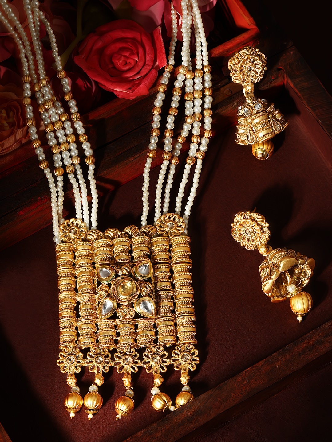 

Rubans 24K Gold-Plated & White Kundan-Studded Pearl Beaded Jewellery Set