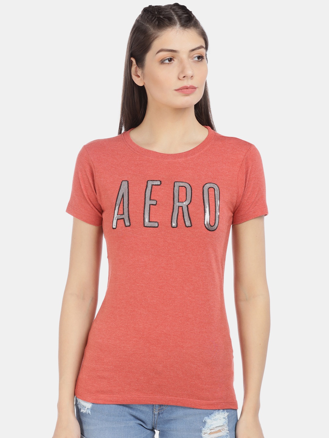 

Aeropostale Women Coral Printed Round Neck T-shirt