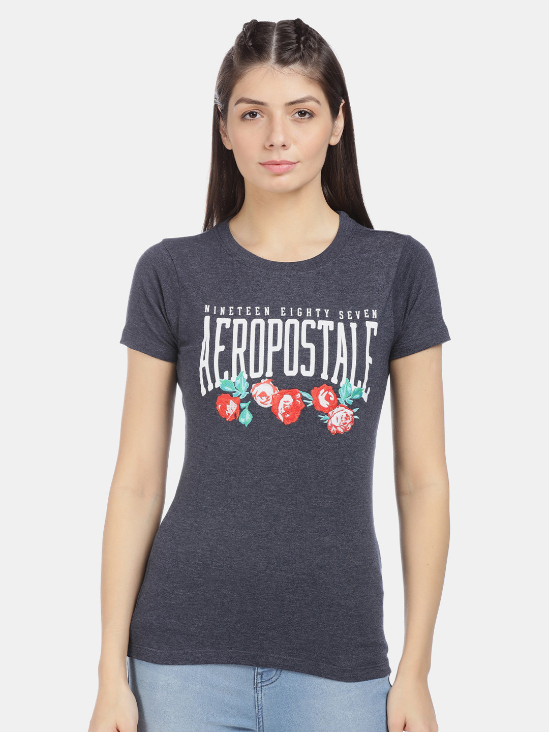 

Aeropostale Women Grey & Red Printed Round Neck T-shirt