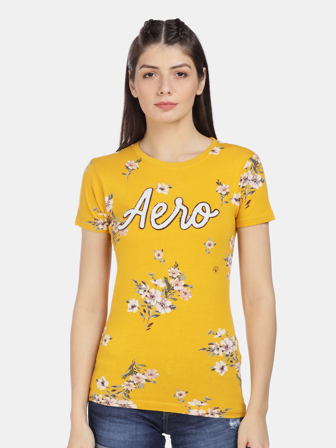 

Aeropostale Women Yellow Printed Round Neck T-shirt