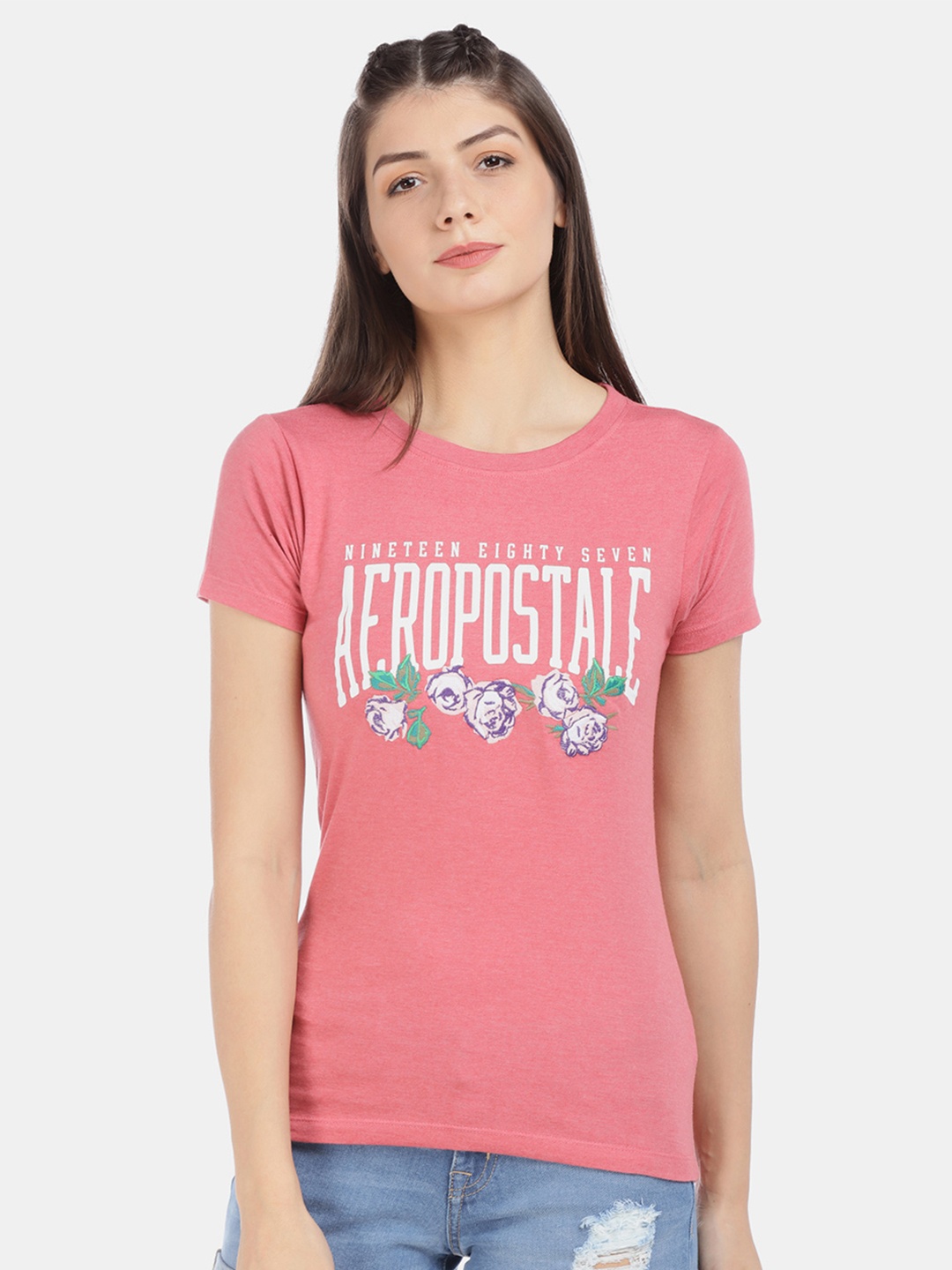 

Aeropostale Women Pink Printed Round Neck T-shirt