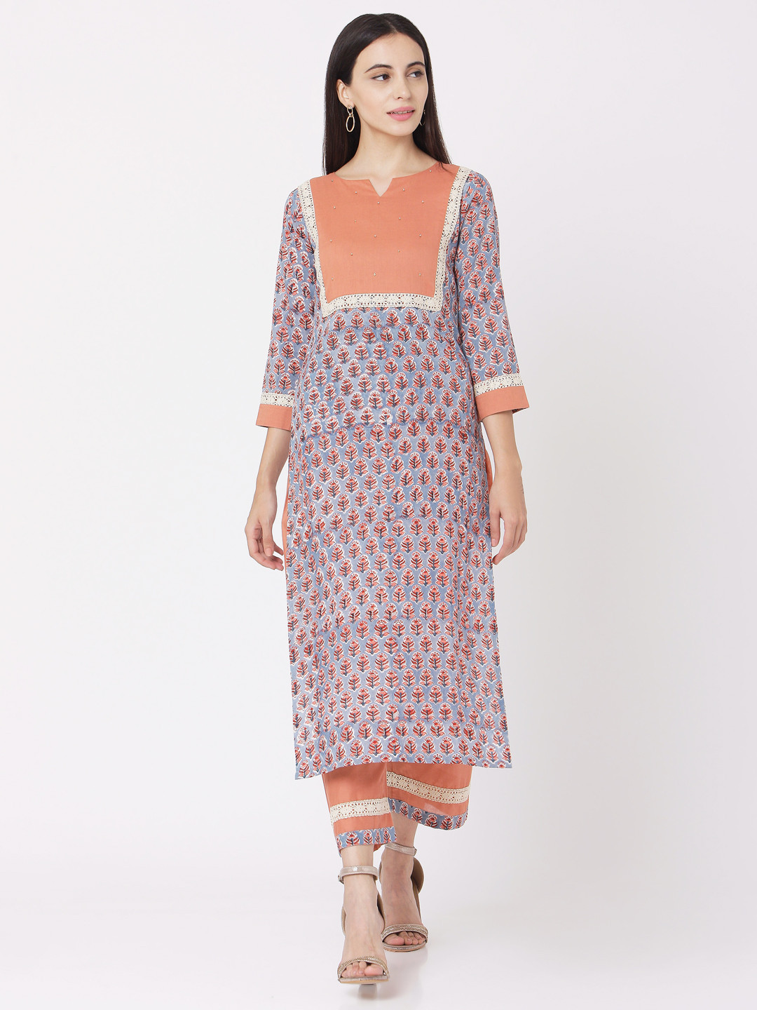 

Saanjh Women Blue & Rust Orange Printed Cotton Kurta with Trousers