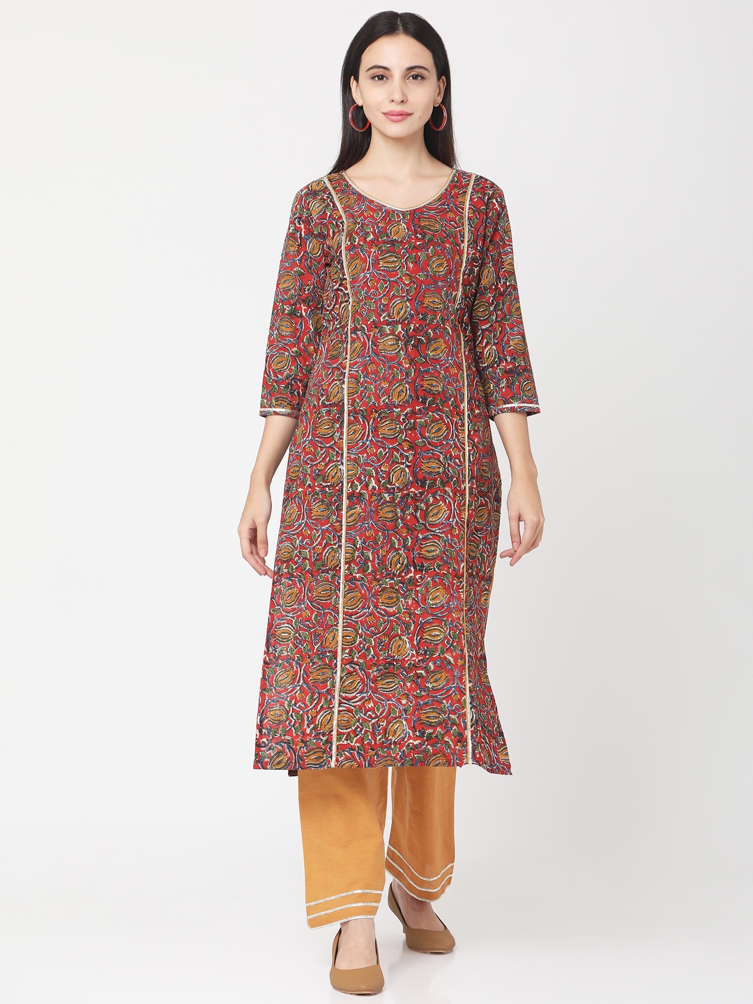 

Saanjh Women Red & Yellow Printed Kurta with Trousers