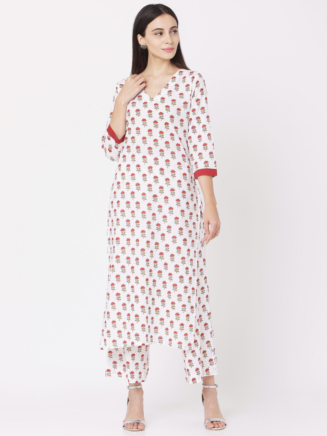 

Saanjh Women White & Red Printed Kurta with Palazzos
