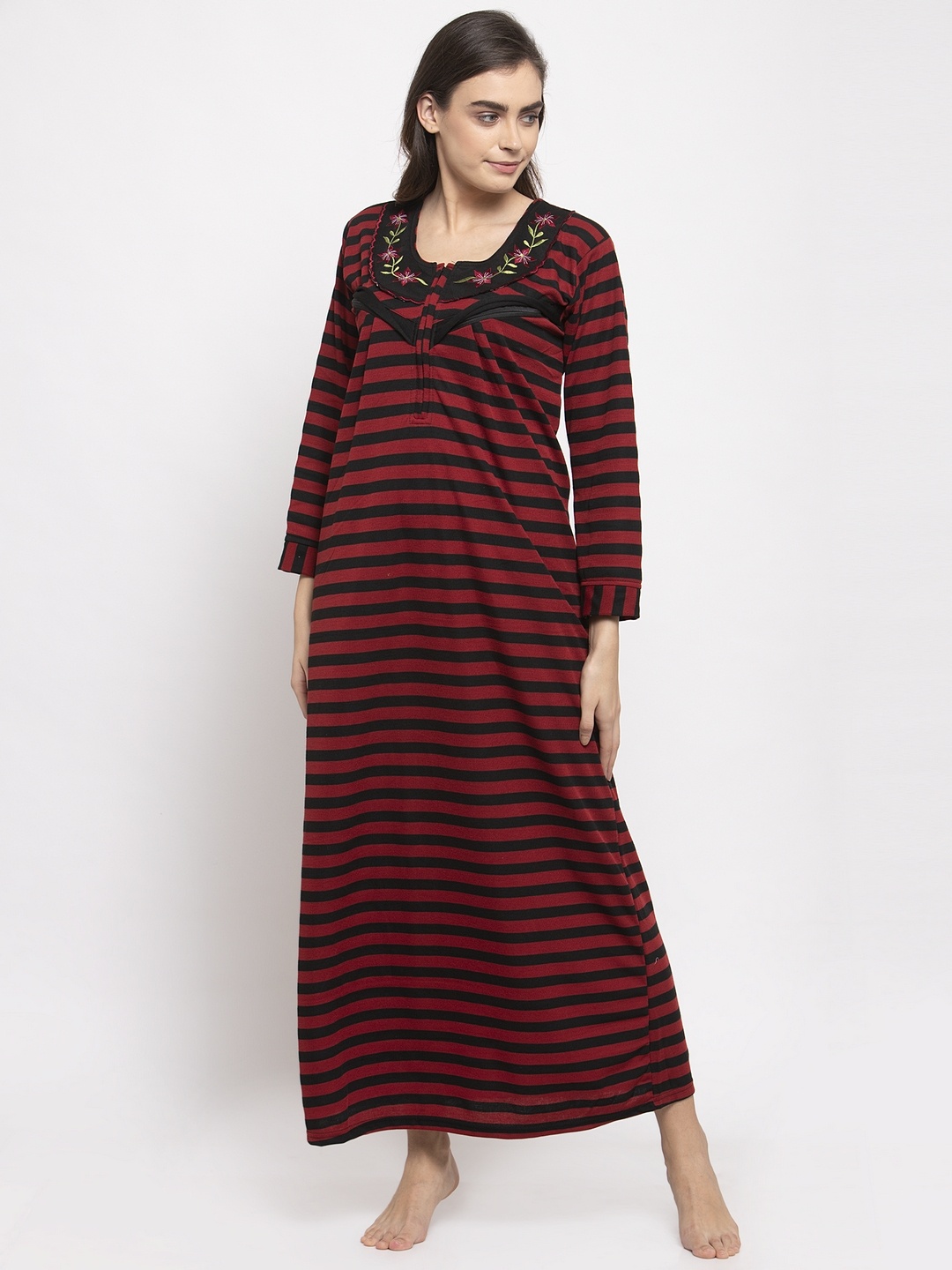 

Secret Wish Women Brown & Black Striped Woollen Maternity Nightdress