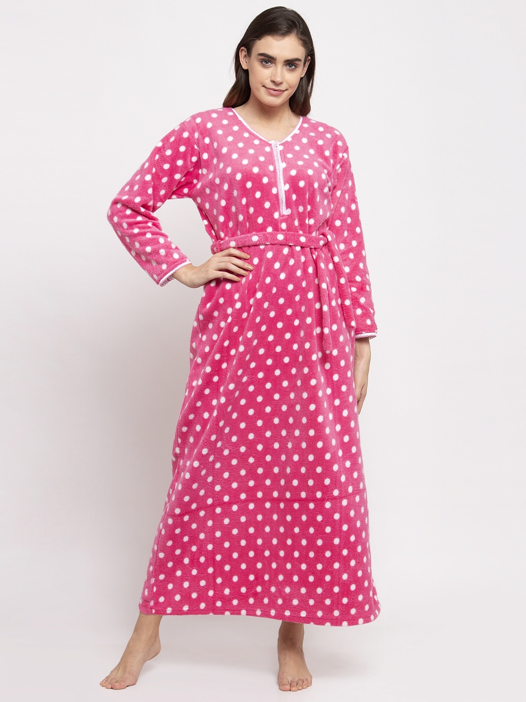 

Secret Wish Women Pink & White Polka Dot Printed Maxi Nightdress