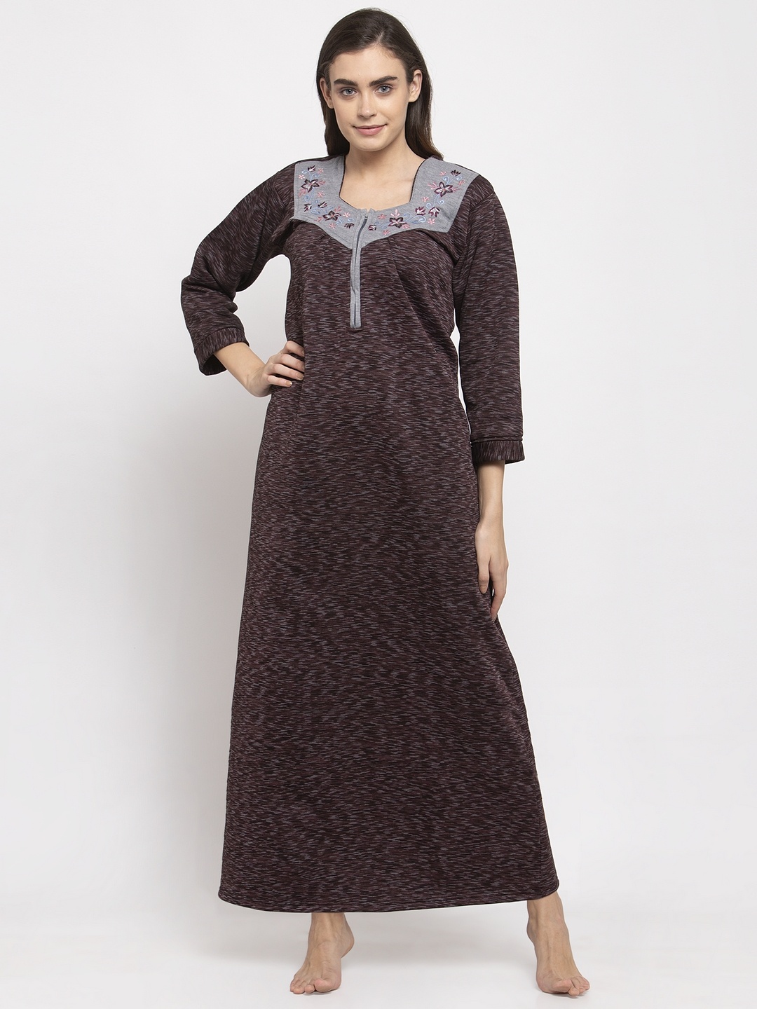 

Secret Wish Women Burgundy & Grey Printed Woolen Nightdress