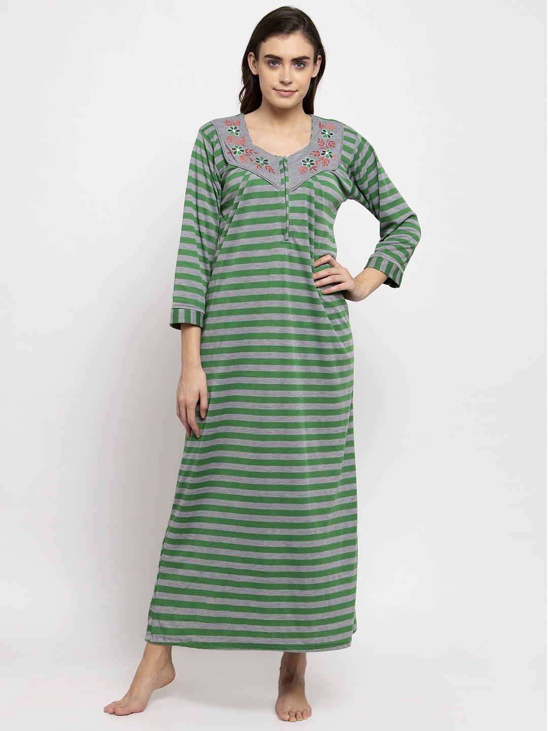 

Secret Wish Women Green Striped Maxi Length Woollen Nightdress