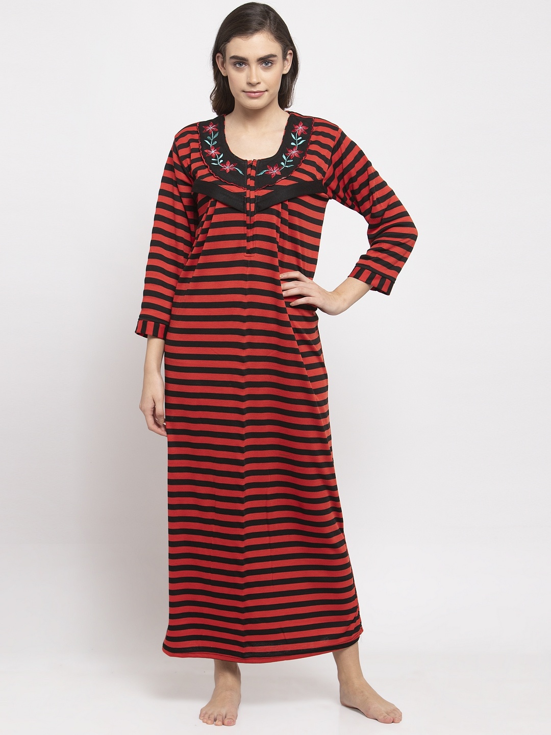 

Secret Wish Women Red & Black Striped Woollen Maternity Nightdress