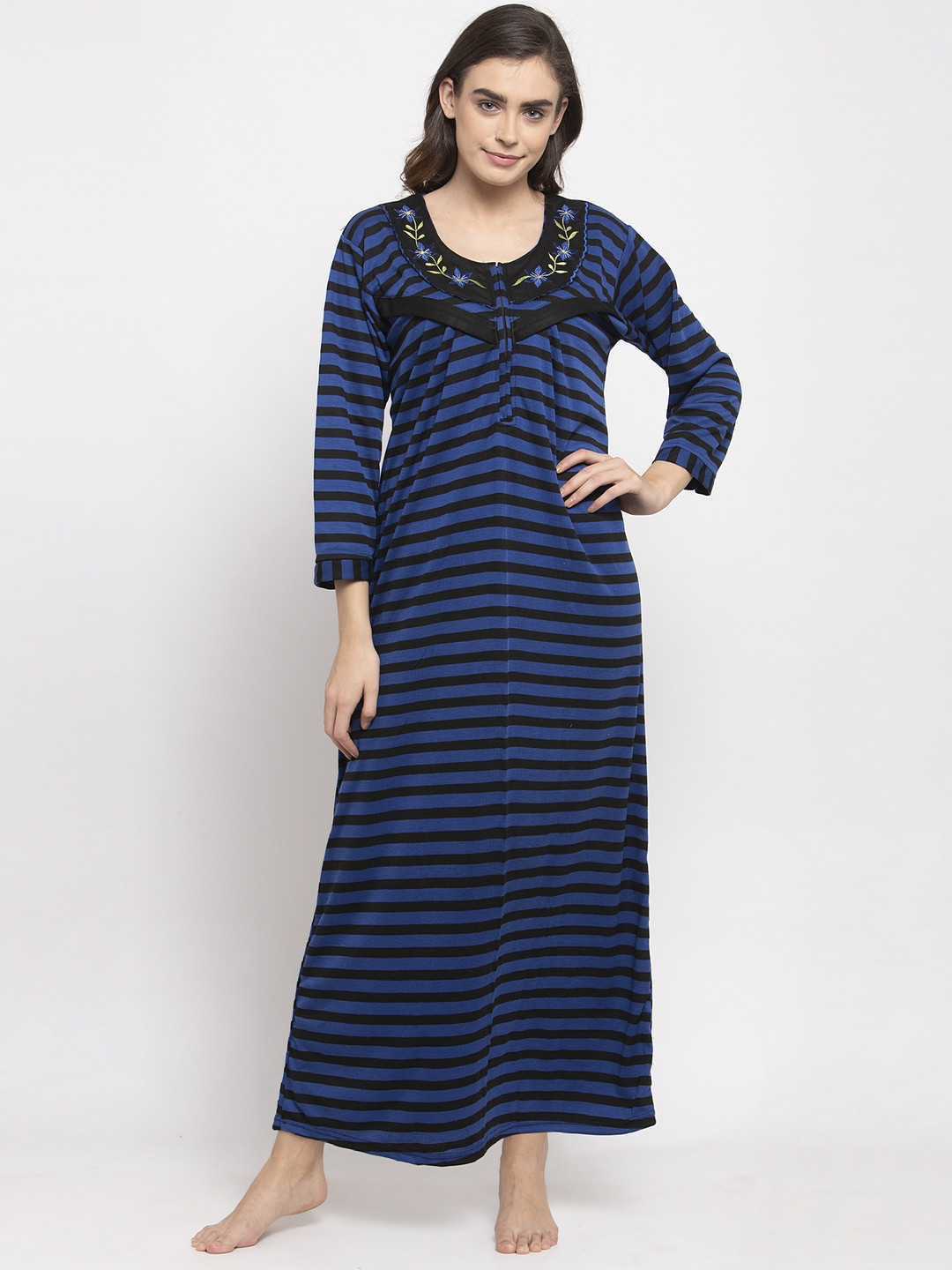 

Secret Wish Women Blue & Black Striped Woolen Maternity Nightdress