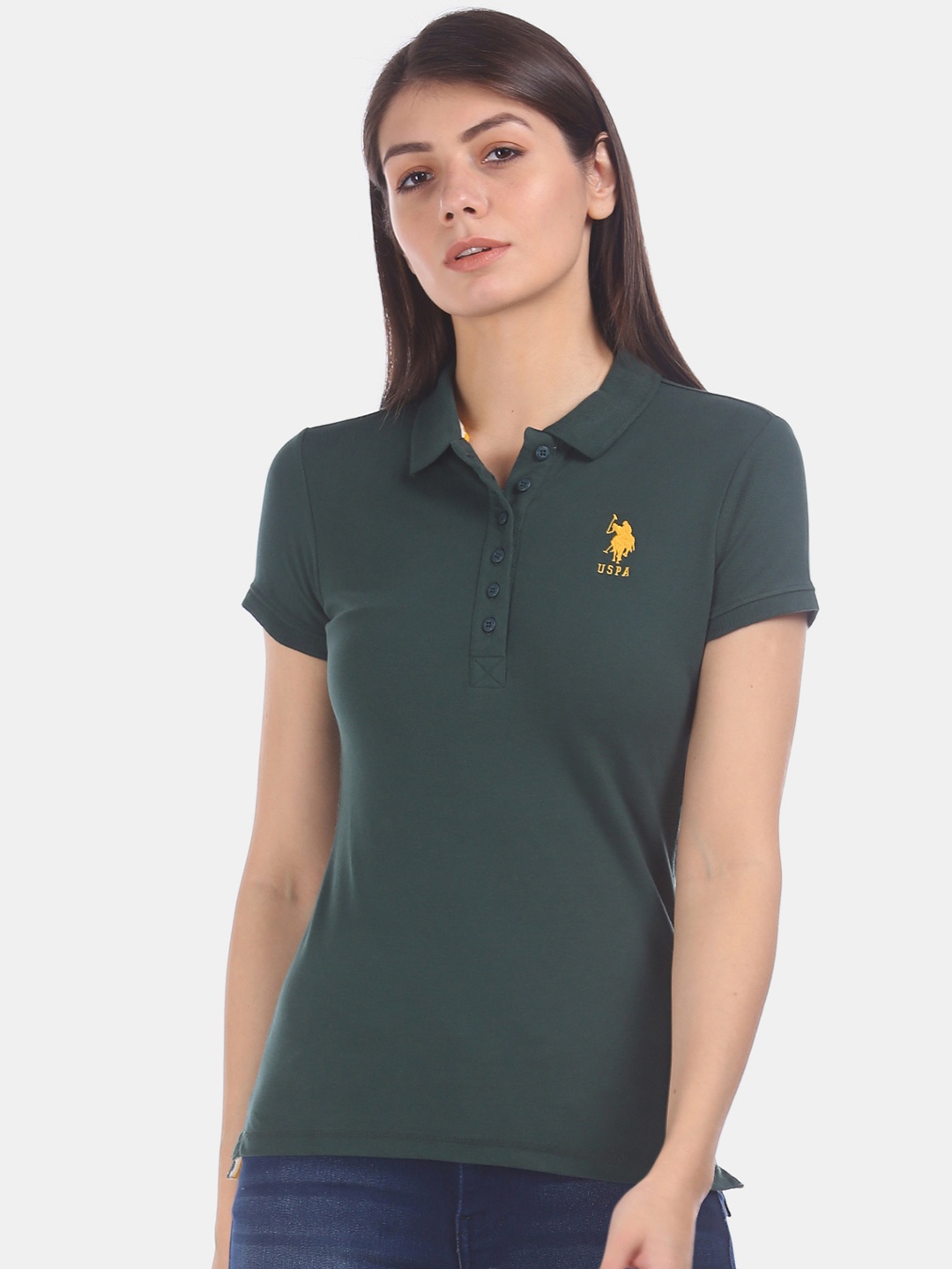 

U.S. Polo Assn. Women Green Solid Polo Collar T-shirt