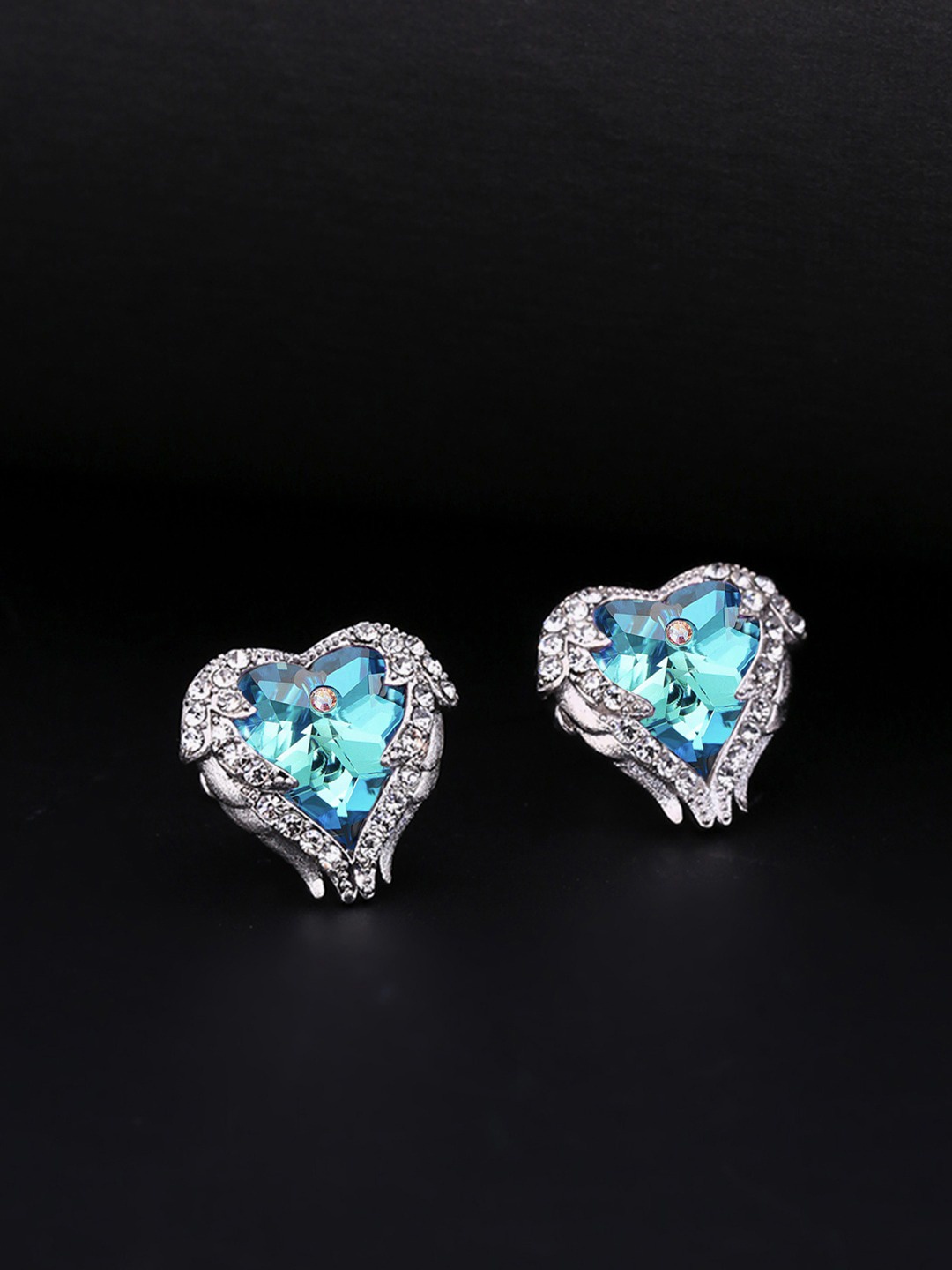 

Yellow Chimes Rhodium-Plated Silver-Toned Swarovski Crystal studded Heart Shaped Studs, Blue