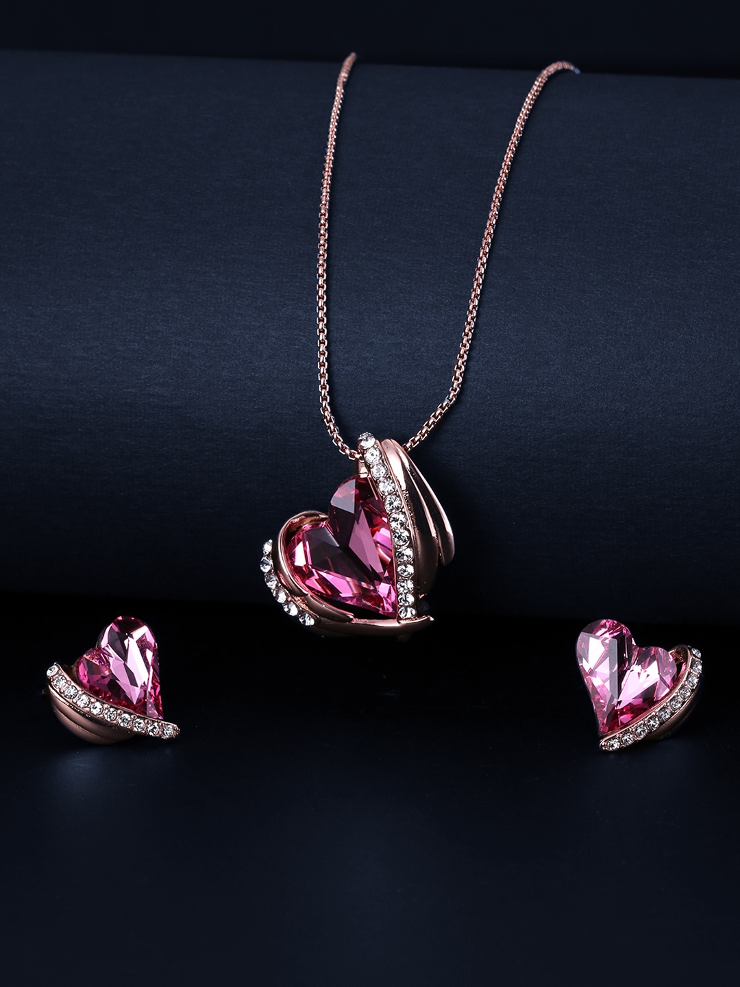 

Yellow Chimes Rose Gold-Plated & Pink Swarovski Crystal Studded Heart Jewellery Set